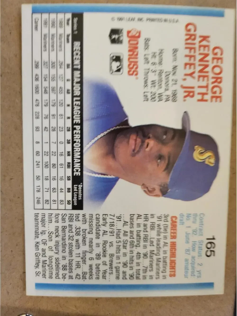 1992 Donruss #165 Ken Griffey Jr Seattle Mariners Hall of Fame